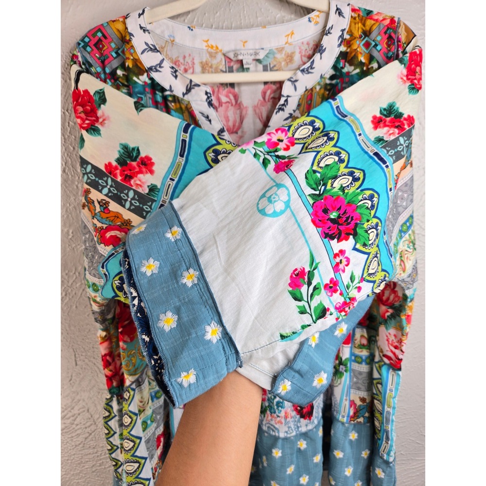 John Mark Floral Patchwork Blouse L Multi Color Relaxed Eclectic Boho Artsy Top - Picture 6 of 13